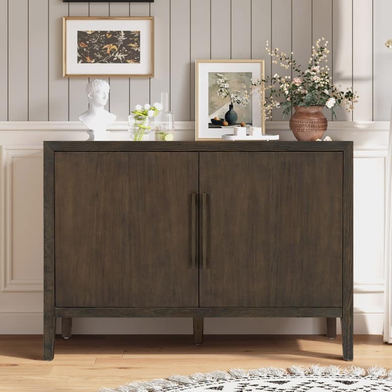 Farmhouse Sideboard Cabinet, Stylish Pine Veneer Design with Double Doors and Adjustable Feet for Storage - Gray