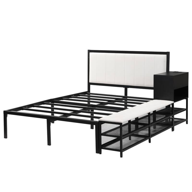 Full size Metal Platform Bed with Wooden Cabinet, Two-Tier Shelves And Cushioned Footrest