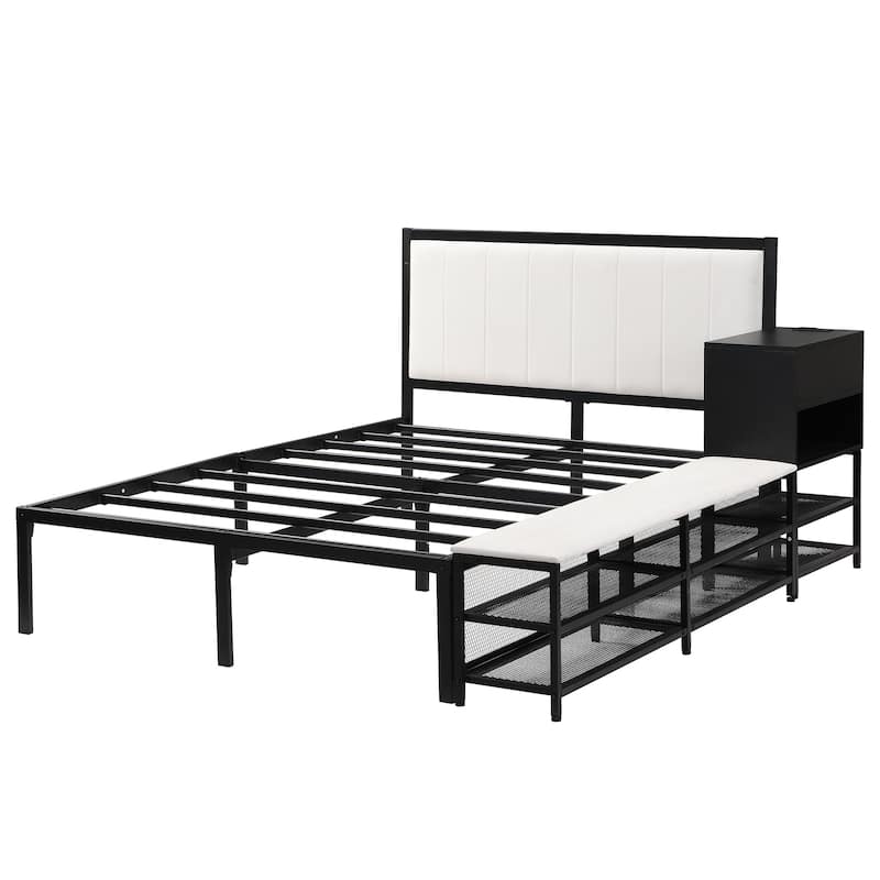 Platform Bed with 2-Tier Storage Shelves & Wooden Storage Cabinet, Metal Bed Frame w/Upholstered Headboard & USB Ports