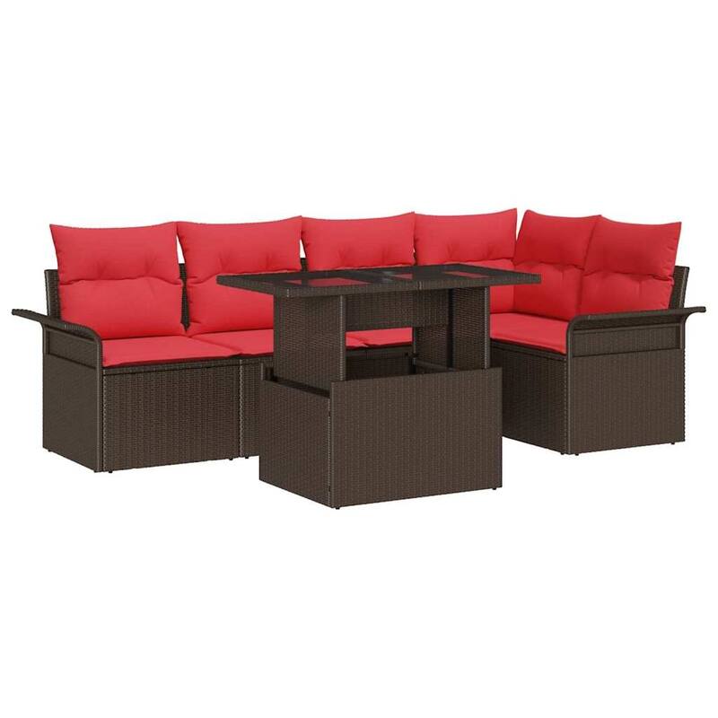 vidaXL 6 Garden Sofa Set with Cushions Black/Brown/Grey Poly Rattan - 95.5 x 52.2 x 27.2