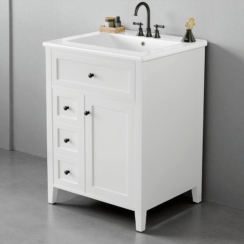 24" Bathroom Vanity with Sink, Freestanding Cabinet with 3 Drawers & Adjustable Shelf, MDF and Rubberwood Base - White