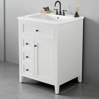 24" Bathroom Vanity with Sink, Freestanding Cabinet with 3 Drawers & Adjustable Shelf, MDF and Rubberwood Base
