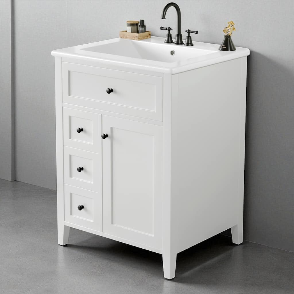 24" Bathroom Vanity with Sink, Freestanding Cabinet with 3 Drawers & Adjustable Shelf, MDF and Rubberwood Base