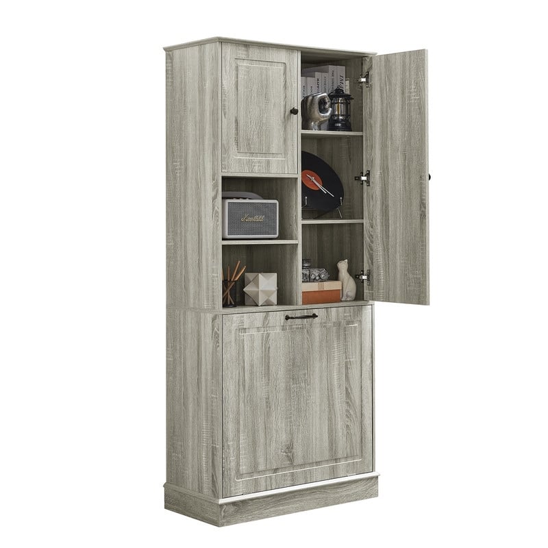Tall Storage Cabinet with Adjustable Shelves, Large Flip-Out Basket & Enclosed Cabinets