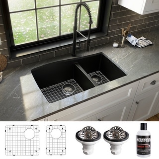 Karran Undermount Quartz 33 in. Double Bowl 60/40 Kitchen Sink with Bottom Grids and Strainers