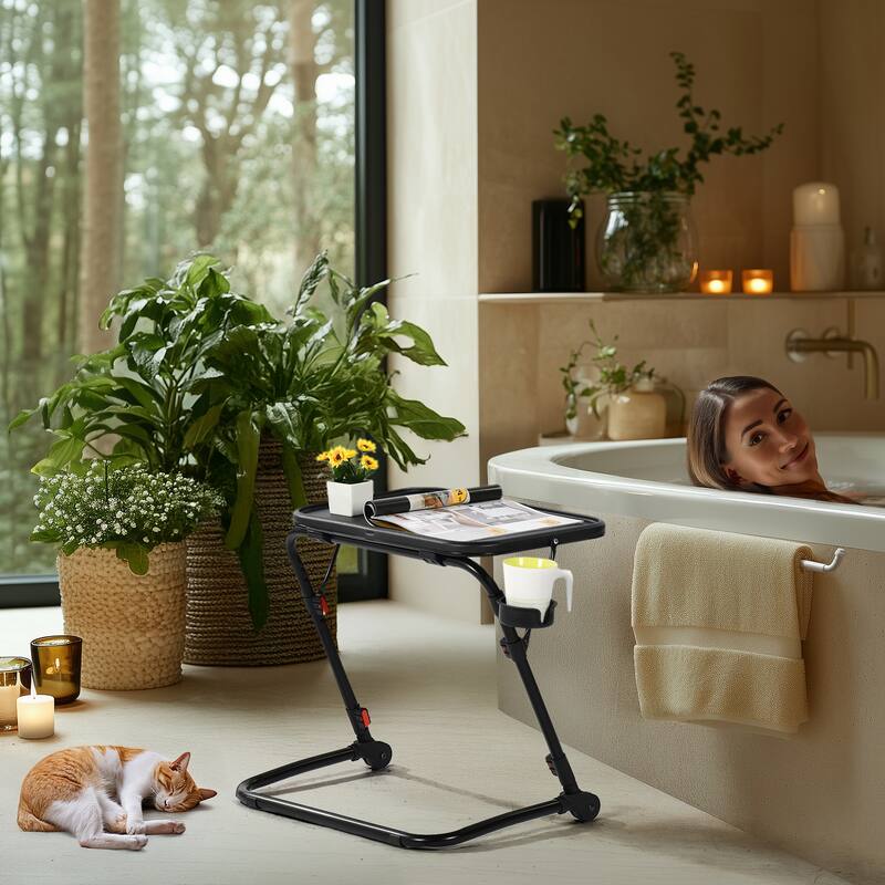 Homylin Adjustable Folding TV Tray Table with Cup Holder, Portable Snack & Laptop Table