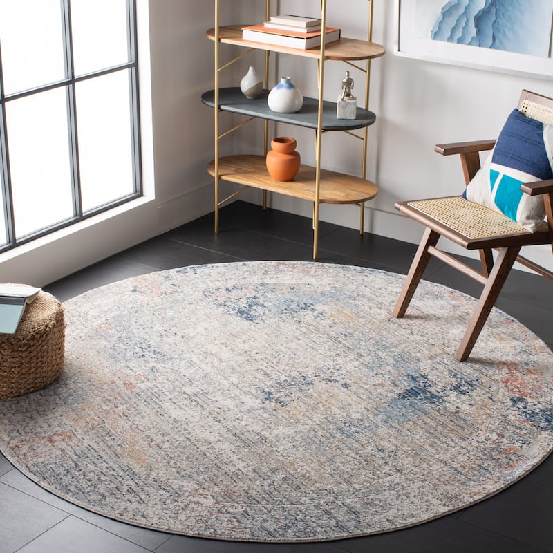 SAFAVIEH Dream Pandora Guruzne Vintage Abstract Viscose Rug - 6'7" Round - Grey/Blue