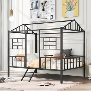 Black Metal Full Size House Bed with Semi-enclosed House-shaped Frame, Ladder, Full-length Guardrail - No Box Spring Needed