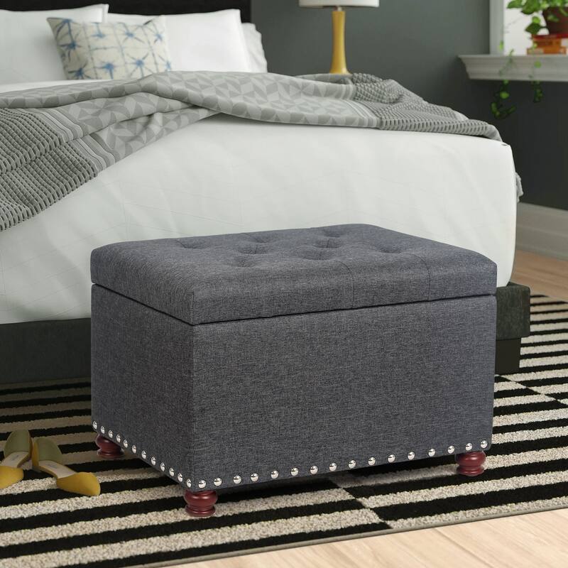 Adeco Storage Ottoman Tufted Linen Wood Bench with Nails