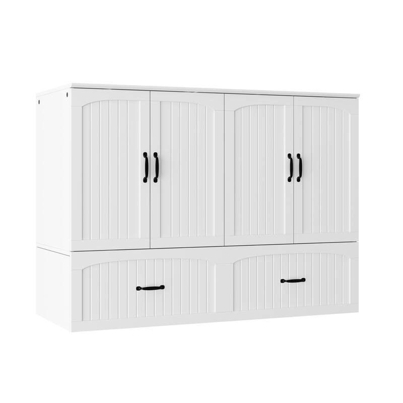 Queen Size White Storage Bed Frame with Headboard Storage, Built-In Cabinets, Drawers & Side Shelf