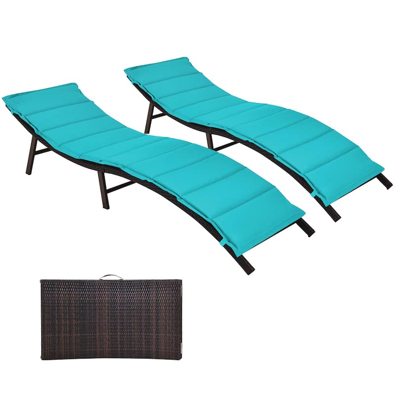 Gymax Set of 2 Folding Wicker Chaise Portable Lounge Chair w/ - 81''x 23.5''x 20''