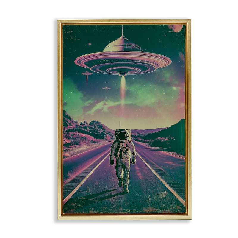 Stupell Astronaut with Overhead UFO Framed Floater Canvas Wall Art Design By Wumples - 17 x 25 - Gold