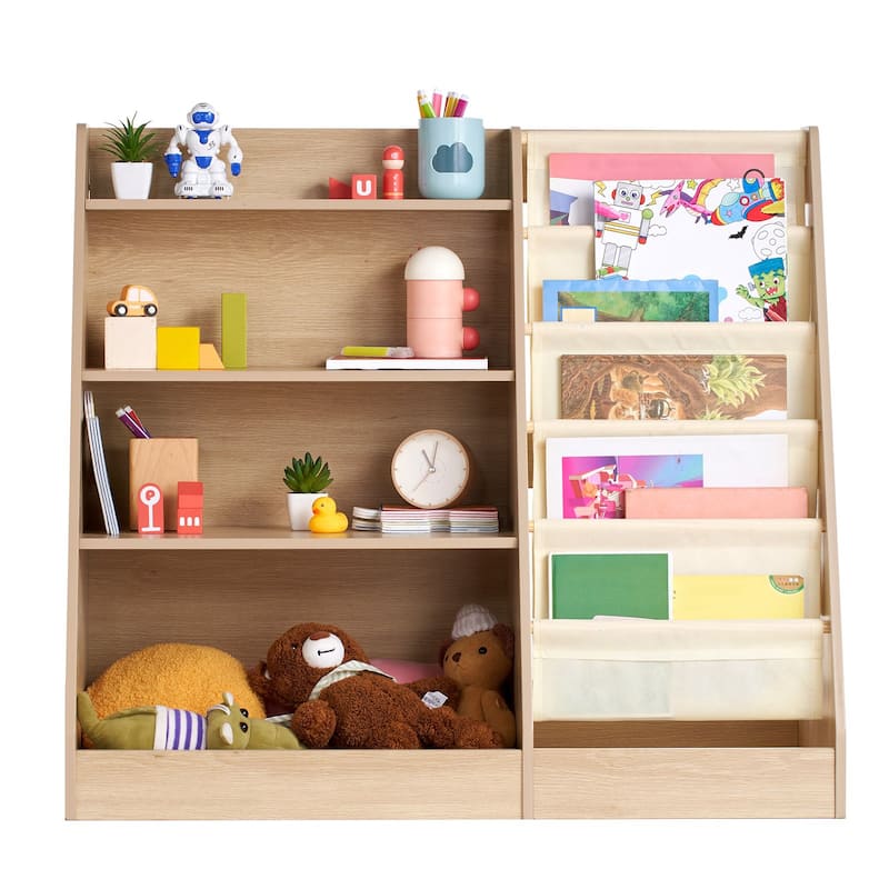 4-Tier Wooden Kids Toy Storage Organizer with 6-Layer Book Storage Shelves - 35"L x 16"W x 32"H