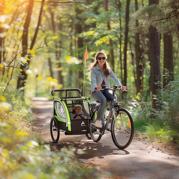 slide 2 of 9, Aosom Child Baby Bike Trailer Kids 2 Seater, Bike Stroller Toddler, Green Green