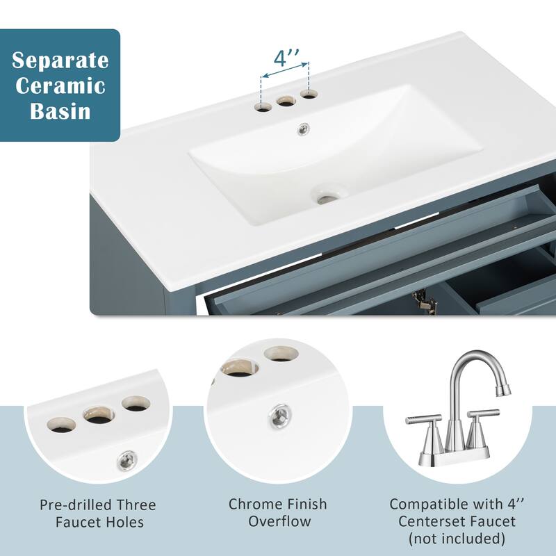 Roomfitters 36" Bathroom Vanity with Sink, Flip-Out Drawer, 3 Drawers, Soft-Close Doors, Solid Wood Cabinet