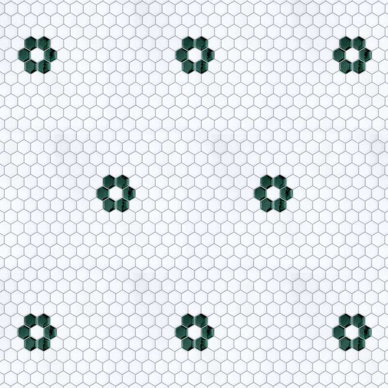 Merola Tile Metro Ion 1" Hex Emerald Single Flower w/Glossy White Porcelain Mosaic Floor & Wall Tile