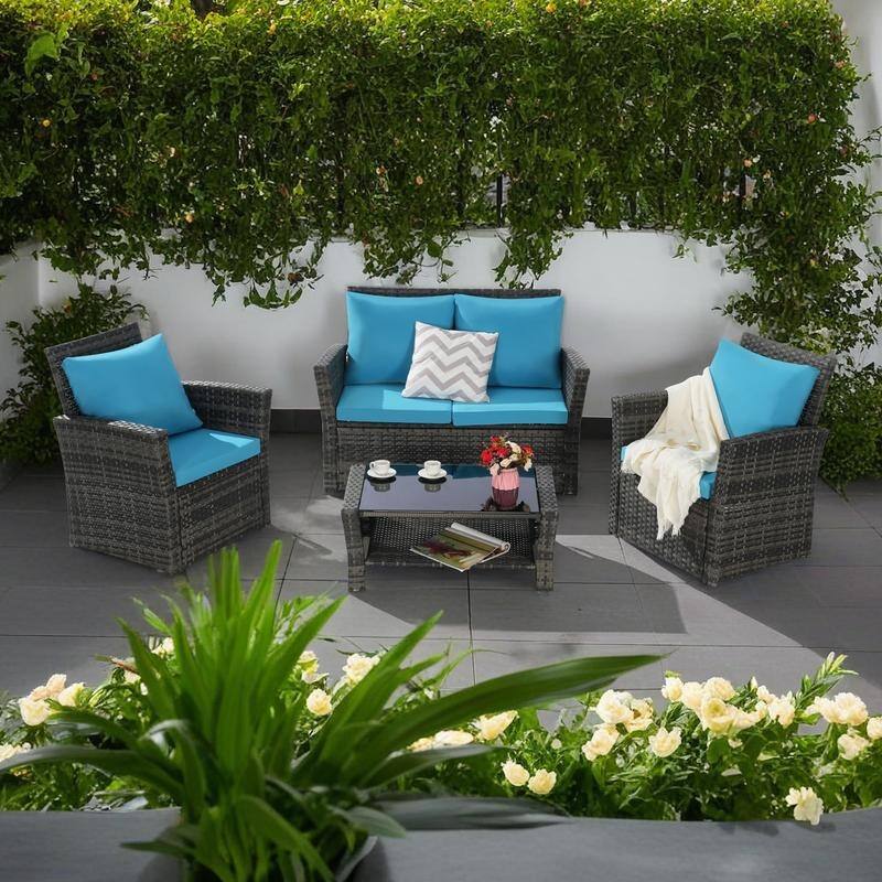 4-Piece Outdoor Patio Rattan Conversation Sofa Set with Tempered Glass Coffee Table - Light Blue