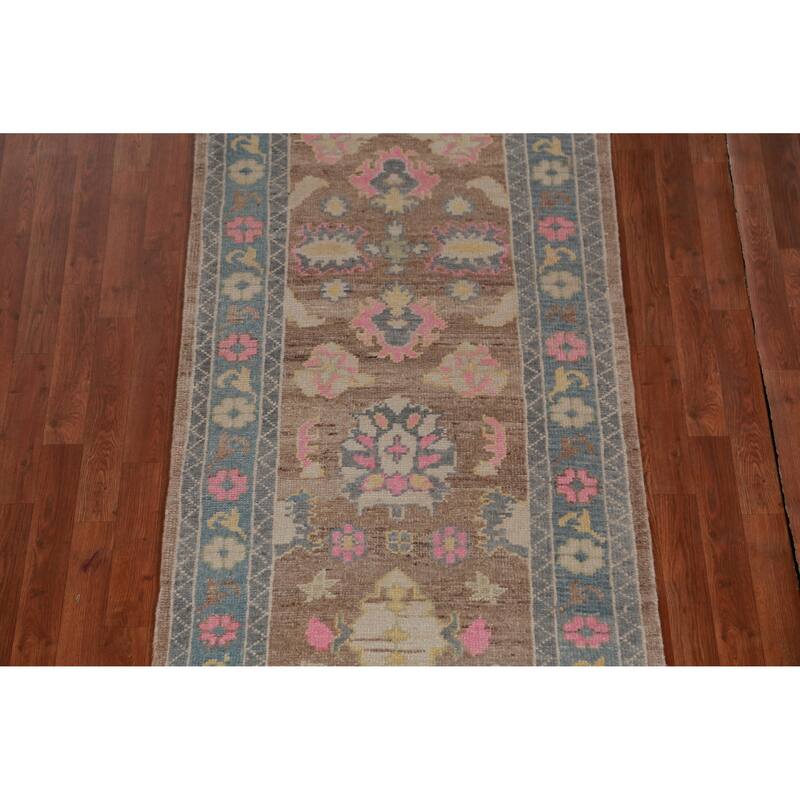 Hand Knotted Oriental 100% Wool Carpet Transitional Floral Brown Oushak Runner Rug - 14' 11'' X 3' 2''