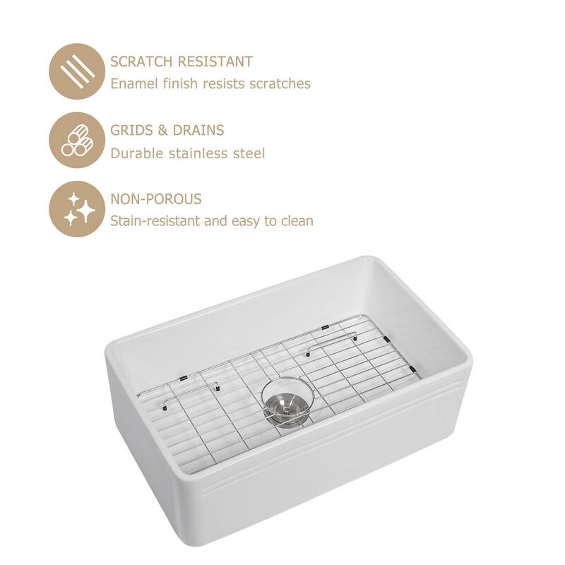 Kichae 30 Inch Ceramic Sink Undermount Farmhouse White Apron Front Kitchen Sink - 30 in.W x 18 in.D x 10 in.H