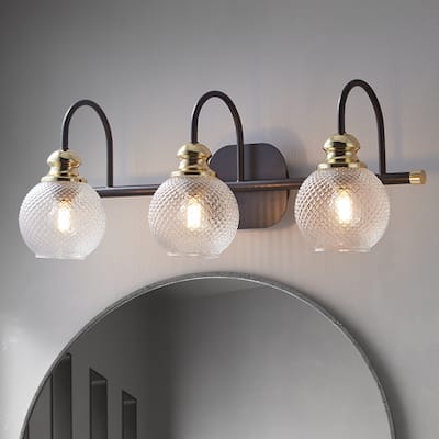 ExBrite 3-light Bathroom Dimmable Gold Vanity Lights Modern Wall Sconce Lighting with Round Rippled Glass