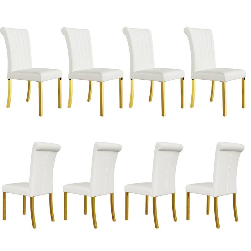 Luxury PU Leather Parsons Dining Chairs Side Chairs with Rolled Back and Stainless Steel Legs - White and Gold - Set of 8