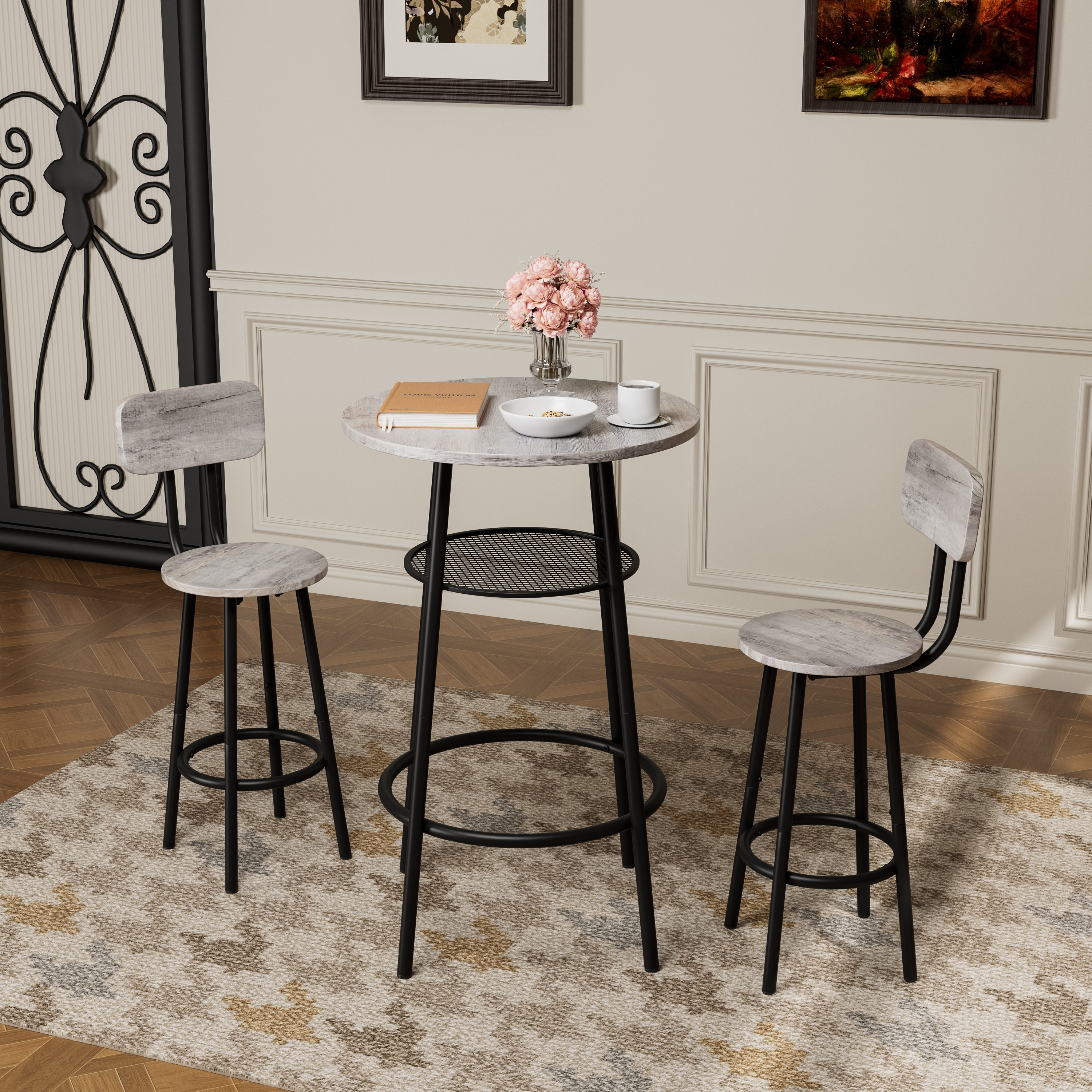 3-Piece Round Bar Table Set With Backrest And Partition Small Dining Table For 2 Breakfast Table With 2 Stools