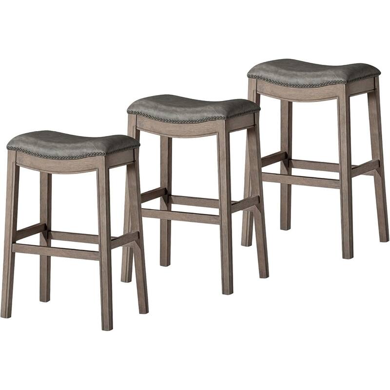 Maven Lane 31" Adrien Saddle Kitchen Bar Height Stool - N/A - Set of 3 - Reclaimed Oak Vegan Leather