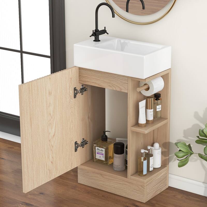 18.6" Vertical Stripe Door Cabinet Bathroom Vanity with Sink, Toilet Paper Holder and 2-tier Shelf - Available Left or Right