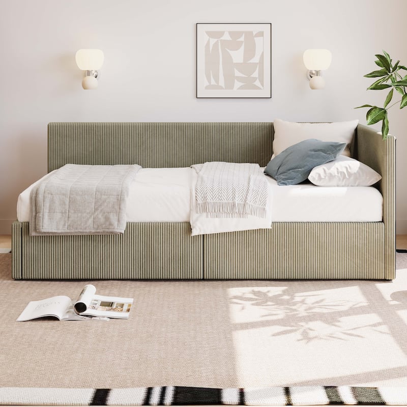 Twin Size L Shape Corner Bed, Corduroy Upholstered Daybed with Two Storage Drawers and Vertical Striped Design - Green
