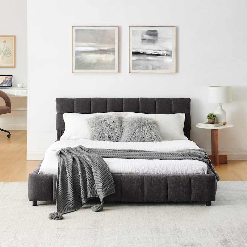 Queen Platform Bed with Chenille Fabric, Soft Headboard & Built-In Drawers
