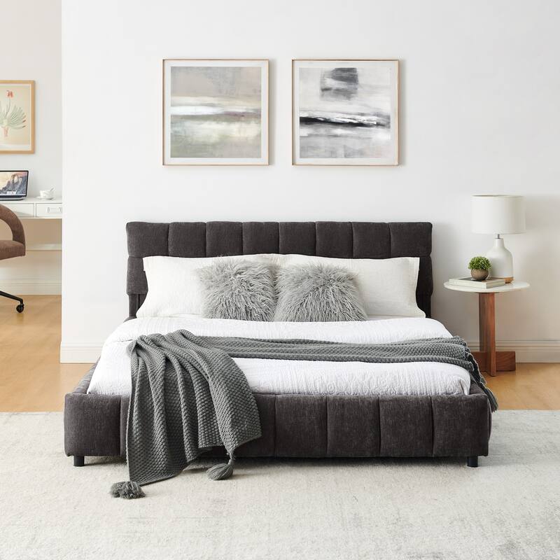 Queen Size Upholstered Bed with Tufted Headboard, Chenille Fabric Platform Bed with 4 Storage Drawers, Solid Wood Bed Frame - Dark Gray - Queen