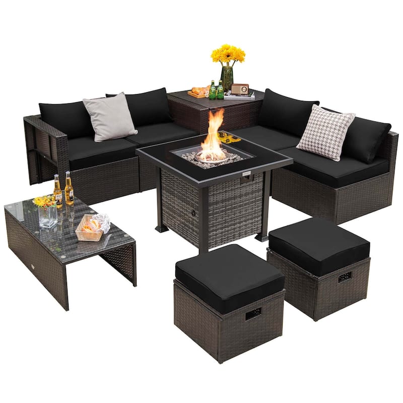 9 PCS Patio Furniture Set with 50,000 BTU Propane Fire Pit Table - Black