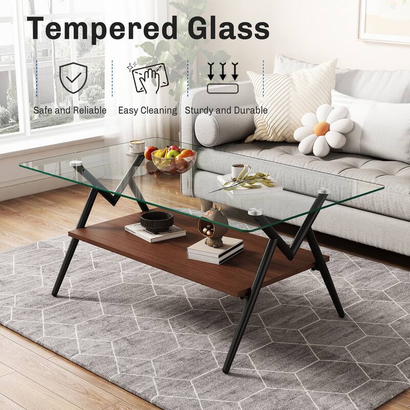 Rectangle Coffee Table with Tempered Glass Top and Shelf