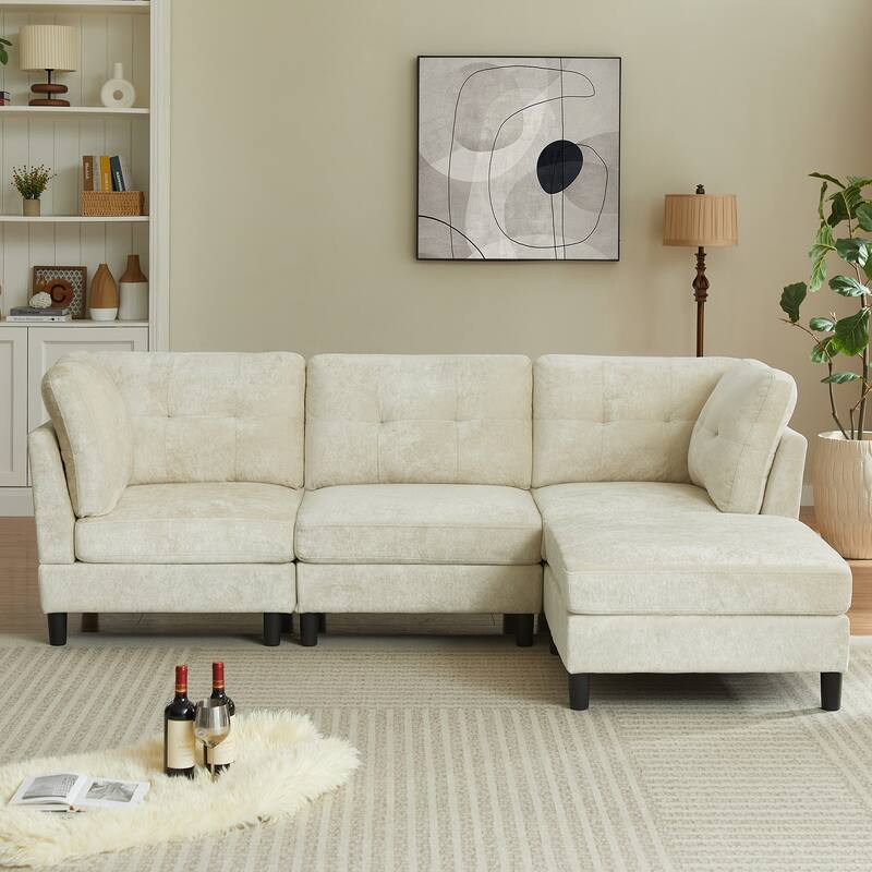 99.41" Chenille High Armrest L Shaped Sofa - Beige