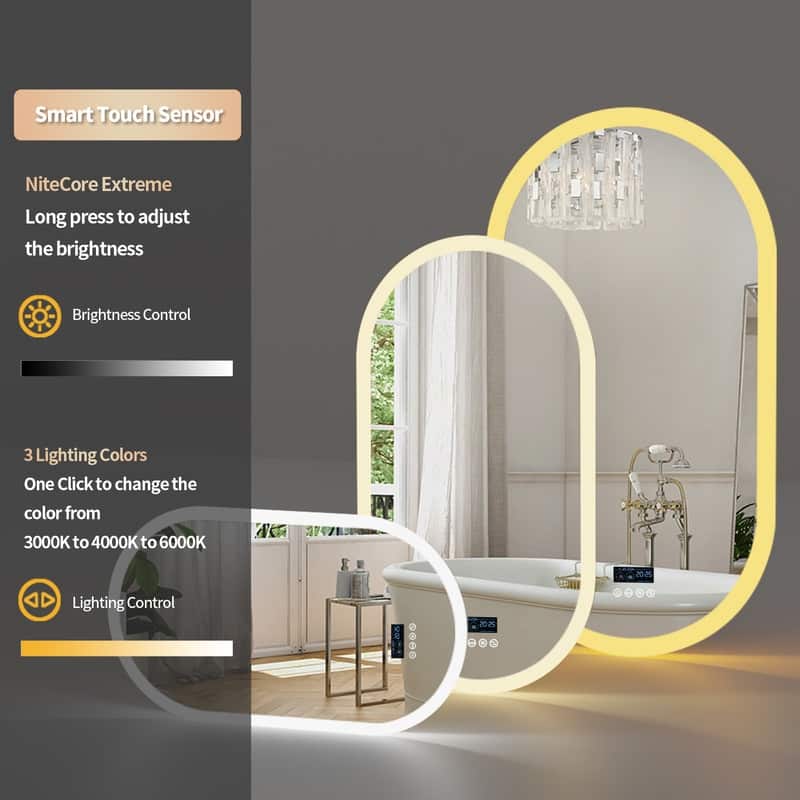 Oval LED Bathroom Mirror with Lights, Anti-Fog, Bluetooth Speaker, 3 Colors, Dimmable, Memory