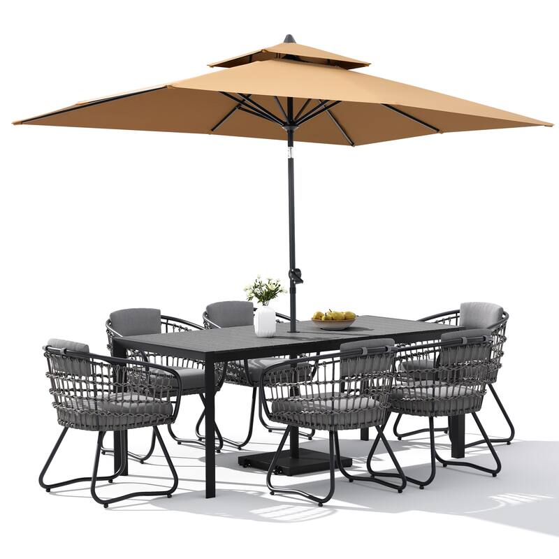 9-Piece Outdoor Patio Dining Set Wood Like Aluminum Umbrella Hole Table with Rattan Chairs, Market Umbrella and Wheel Base