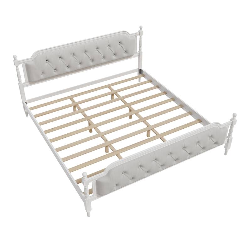 King Size Solid Wood Bed Frame with Tufted Headboard, No Box Spring Needed, Antique White