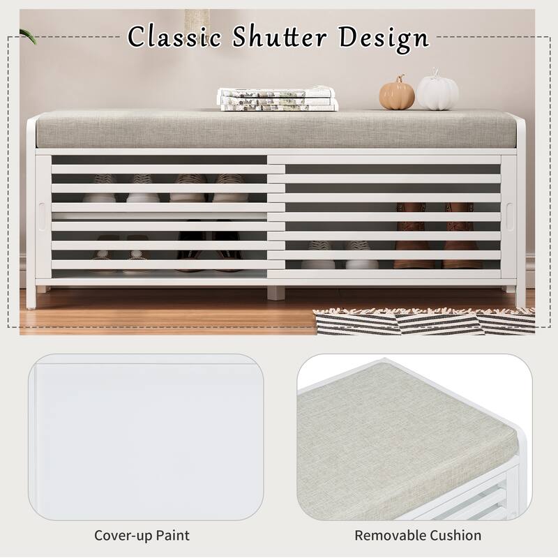 Shoe Storage Bench Entryway Bench with Cushion, Sliding Door
