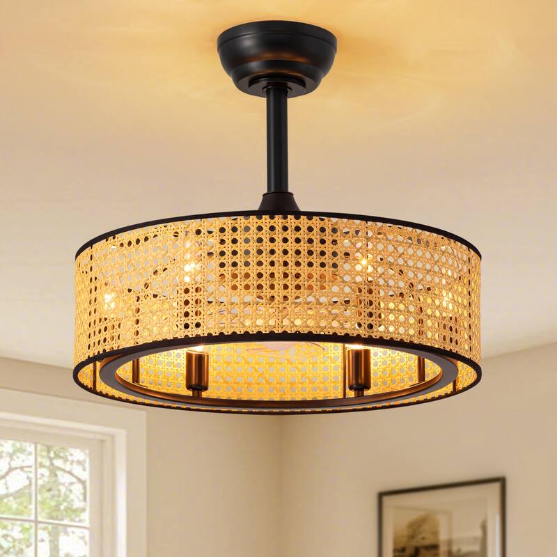 19" Rattan Caged Ceiling Fan With Lights And Remote, 6-Light Boho Woven Round Chandelier Ceiling Fan With Light - 19''-6 Lights - Black