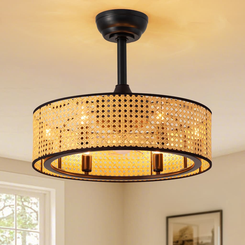 19" Rattan Caged Ceiling Fan With Lights And Remote, 6-Light Boho Woven Round Chandelier Ceiling Fan With Light - 19''-6 Lights