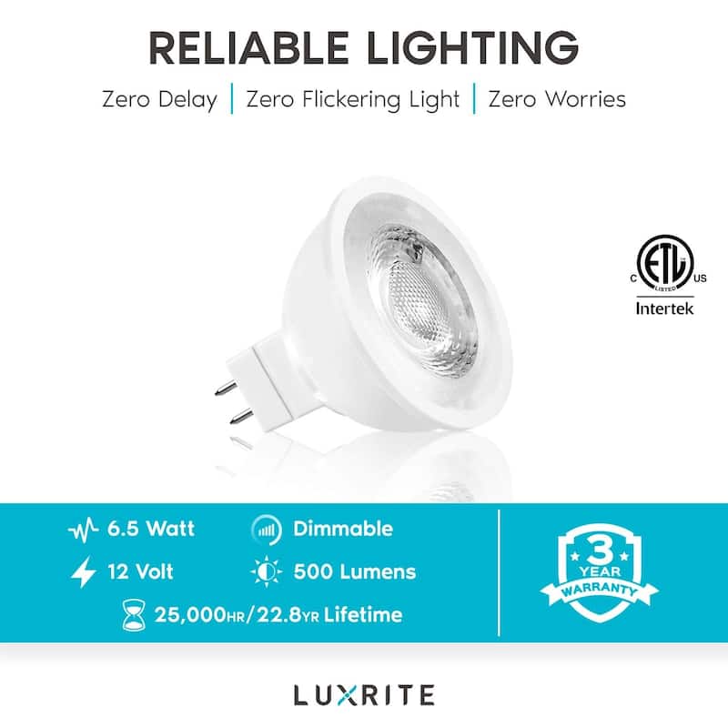 Luxrite MR16 LED Bulb 50W Equivalent, 12V, Dimmable, 500 Lumens, GU5.3 LED Bulb 6.5W, Enclosed Fixture Rated (12 Pack)