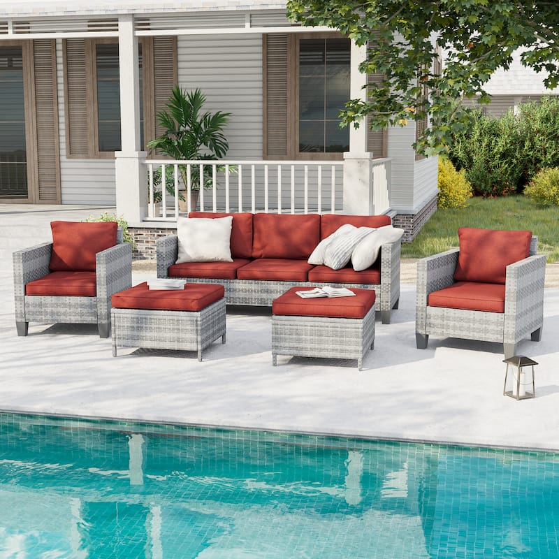BONOSUKI 5-Piece Patio Sofa Sets Grey Rattan Outdoor Furniture Set - Rust Red
