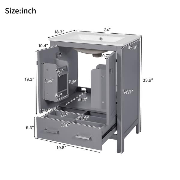 dimension image slide 26 of 35, GDFStudio - Aurora Wood Bathroom Vanity Set with Ceramic Sink and Divided Drawers