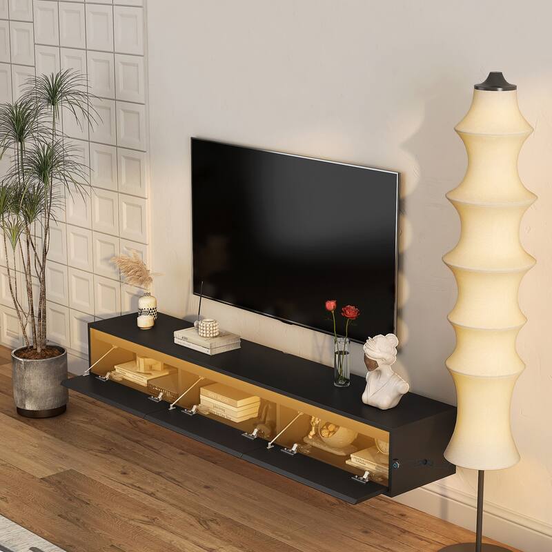 Modern Floating Wall-Mounted TV Stand with High-Gloss TV Stand, featuring LED Lights and Power Outlets, for Living Rooms