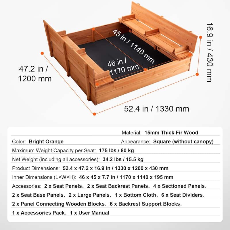 Natural Wooden Sandbox with Foldable Bench Seats and Bottom Liner Perfect Gift for Kids - 52.4” x 47.2” x 16.9”