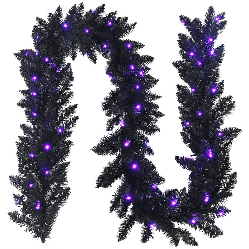 Costway 9ft Pre-lit Christmas Halloween Garland Black w/ 50 Purple LED - See details - Black - See details
