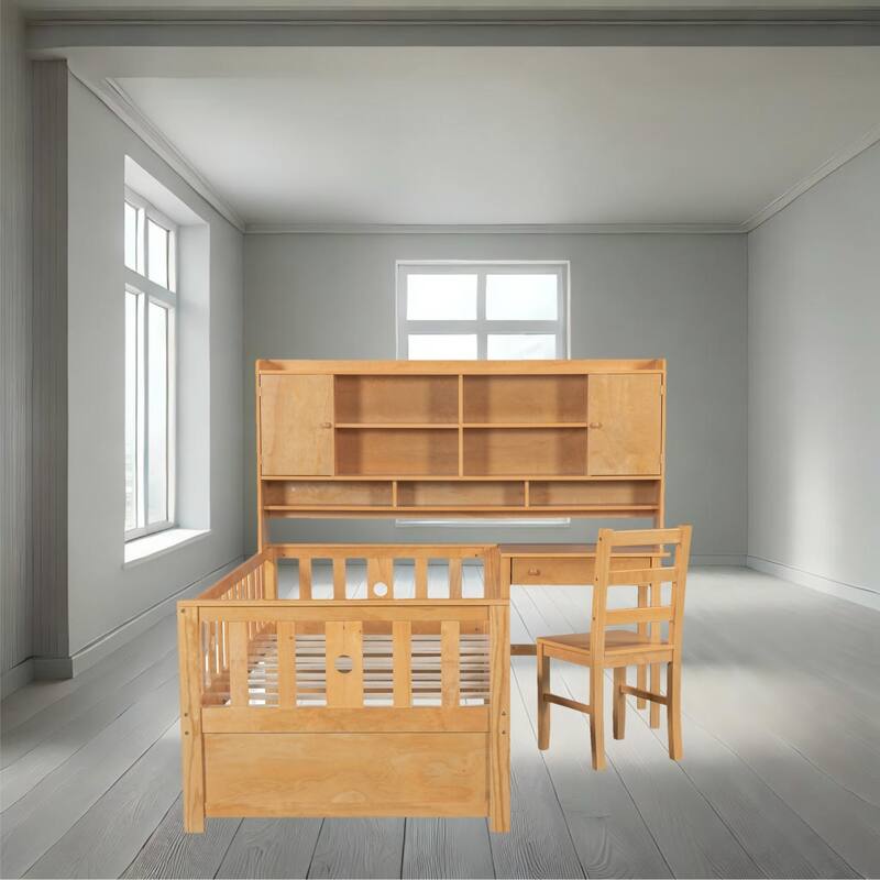 Multifunctional Wood Twin Platform Bed with Desk, Bookshelf, and Matching Chair in Pink - Natural