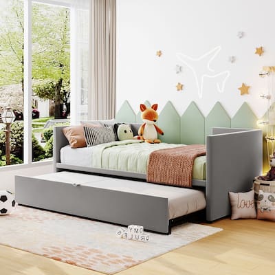 Twin Size Upholstered Daybed with Extendable Trundle,Platform Bed Frame with Wood Slats, Sofa Bed Frame for Living Room Bedroom