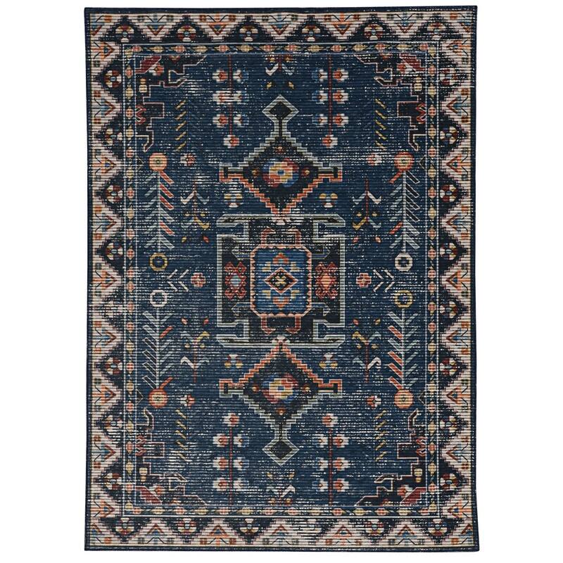 Larson Machine Washable Teal & Ivory Area Rug - 5' x 7'