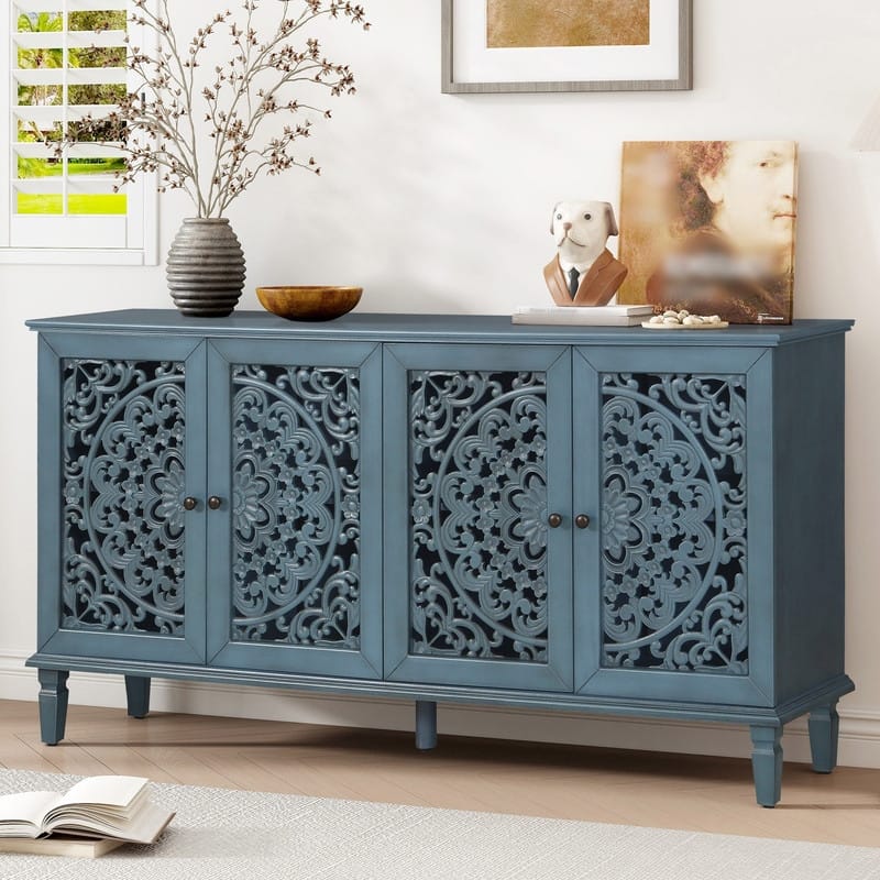 60" Antique Buffet Sideboard with Floral Carvings Solid Wood Legs and Adjustable Shelves for Versatile Storage